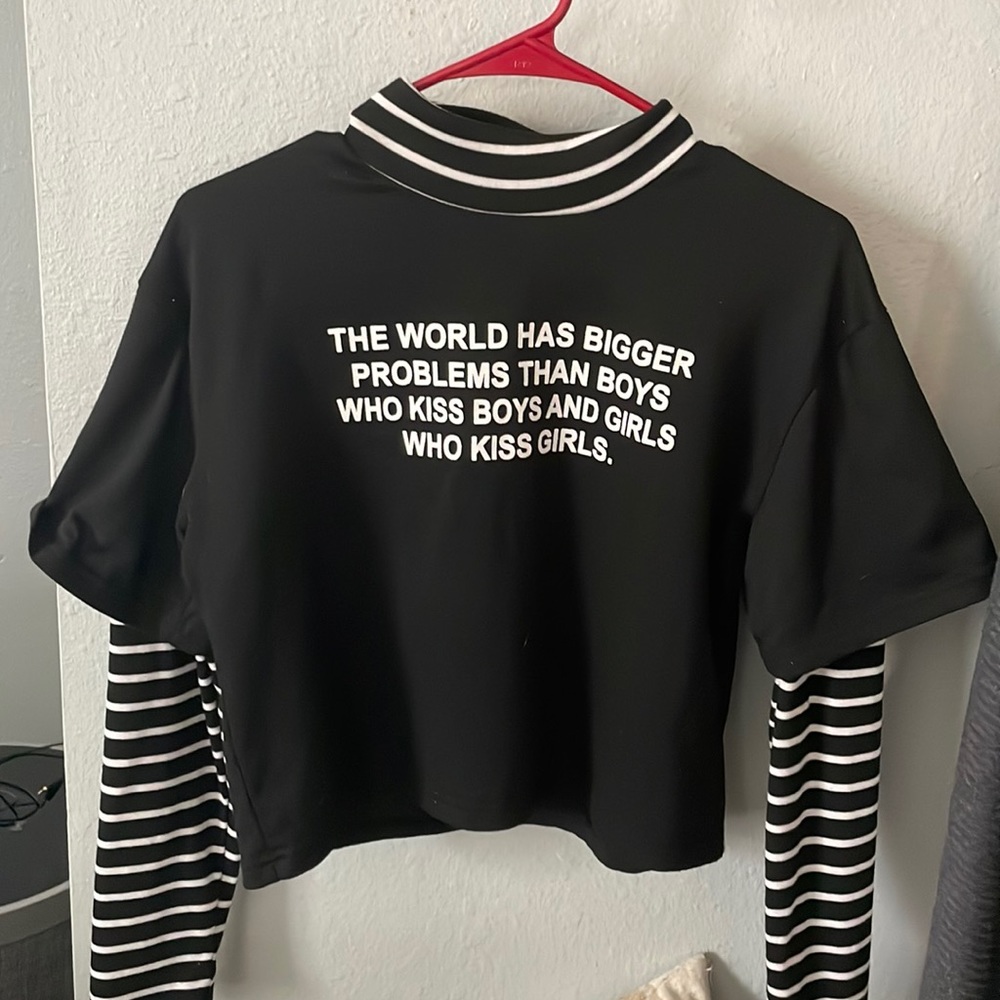 Black and white long sleeve graphic tee